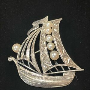 Silver Sailboat Brooch with Pearls
